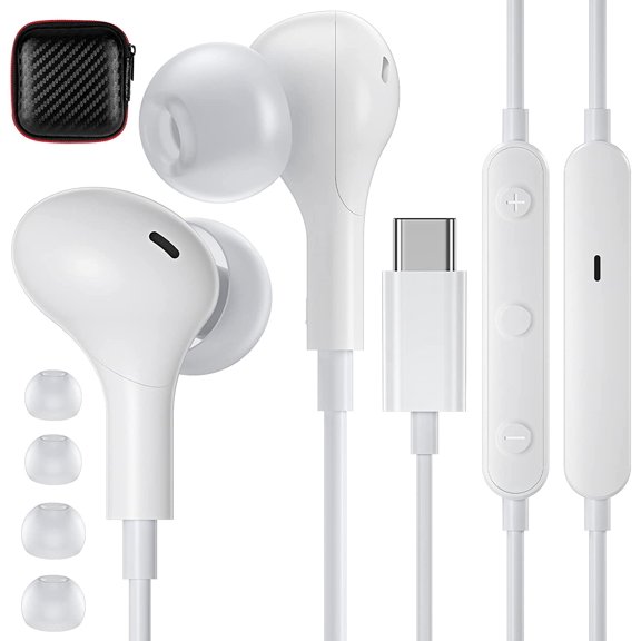 White magnetic Type-C wired noise isolating in-ear earphones with microphone and volume control, compatible with iPhone 15/16/17, iPad Air 5, Samsung S21/S22/S23/S24/S25/S26, Pixel 6/7/8