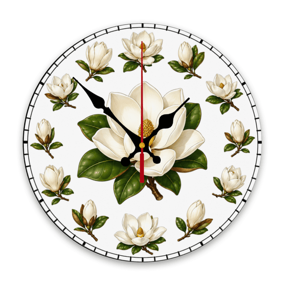 White magnolias and green leaves Design 10 inch Round Wooden Wall Clock, Silent, Wonderful for Bar, Shop, Gallery, Commercial Decor, Independence Day, Halloween, Wooden Frame Battery Powered