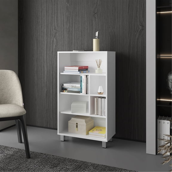 White melamine six-shelf bookcase | Organize books and decor in primary living spaces