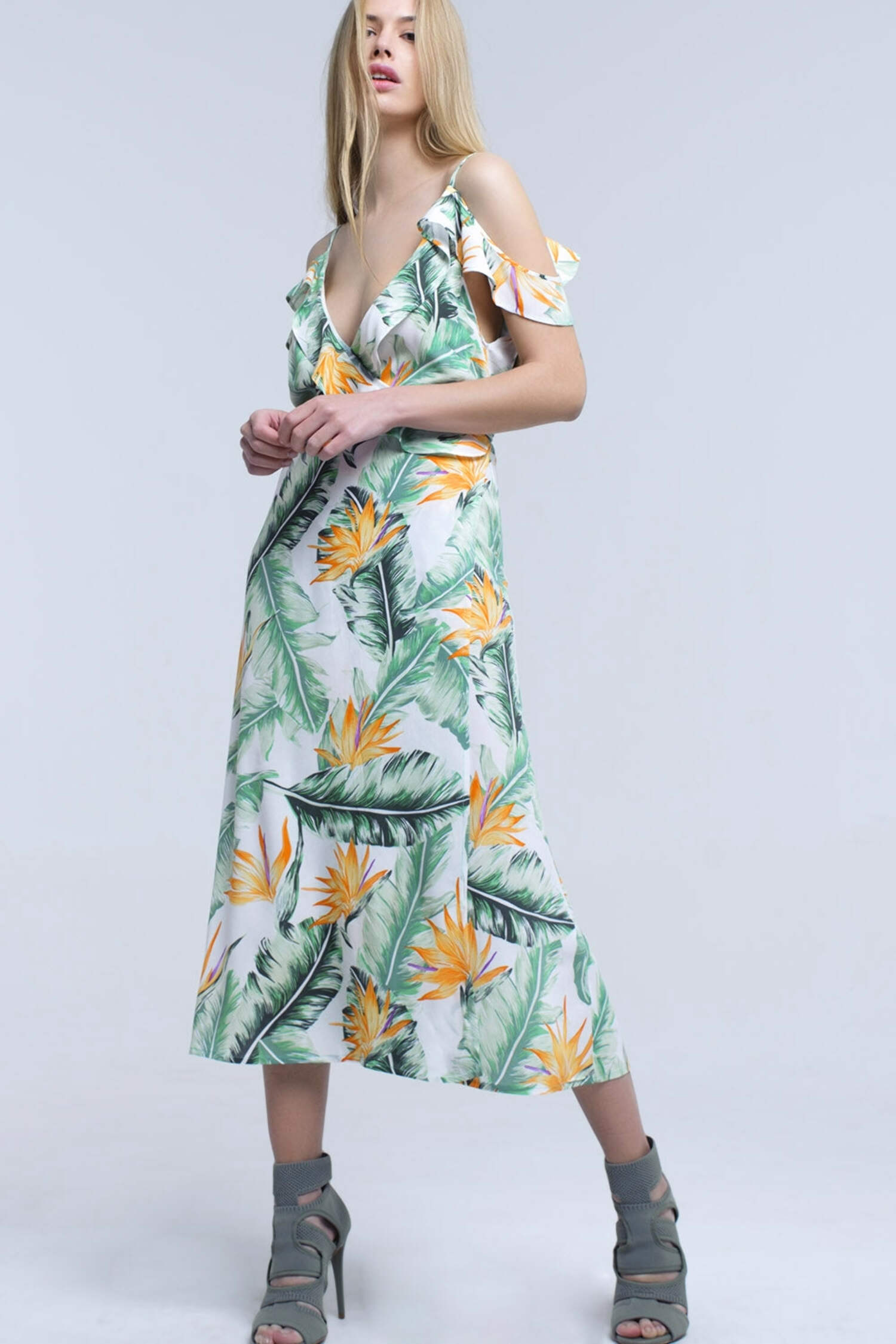 White midi dress in tropical leaves
