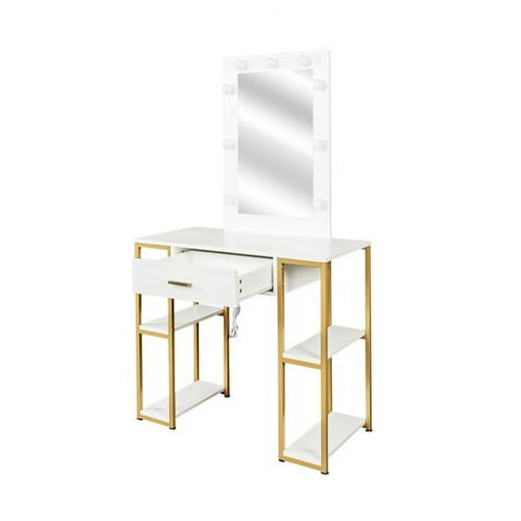 White modern simple vanity, solid metal frame construction, 9 LED lights illuminate makeup mirror, adjustable brightness