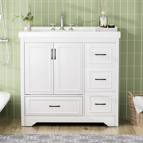 White modern single sink bathroom cabinet with waterproof surface and ...