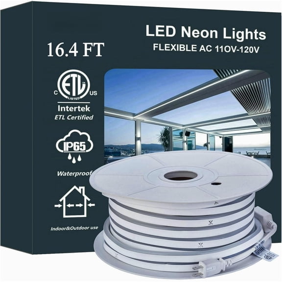 White neon strip lighting - 120leds/m dotless ETL IP65  exterior neon  lights for outdoor use - weather-resistant rope lighting - 120v  strip lights for  and commercial 16.4FT