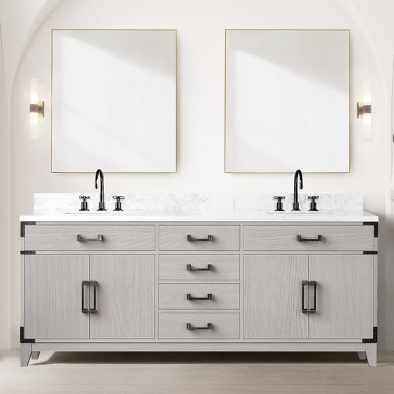 White oak double bath vanity | For a clutter - free bathroom with soft - close design | Enjoy the durability of the twice - sealed marble