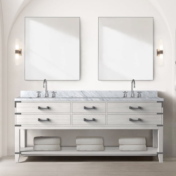 White oak double vanity with Carrara marble | Double 36 - inch mirrors and soft - close drawers included | Delivers great storage and a high - end feel