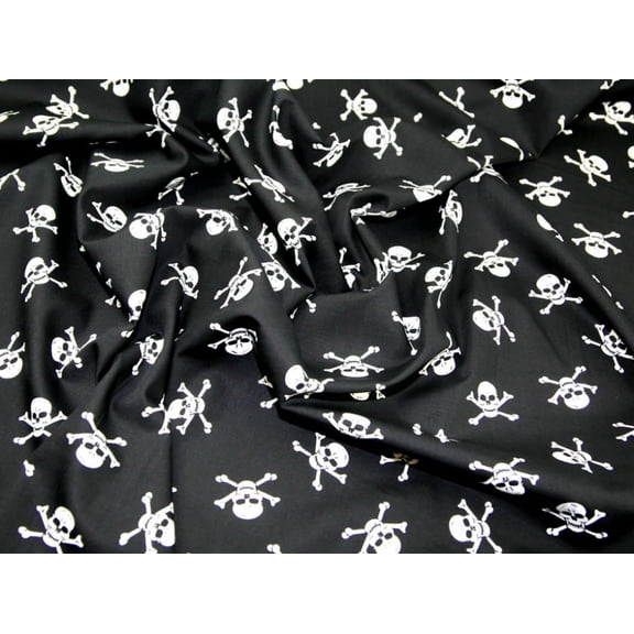 White on Black Gothic Skulls Print Cotton Poplin Dress Fabric - per yard