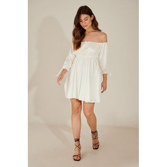 White pamela off shoulder recycled mini dress