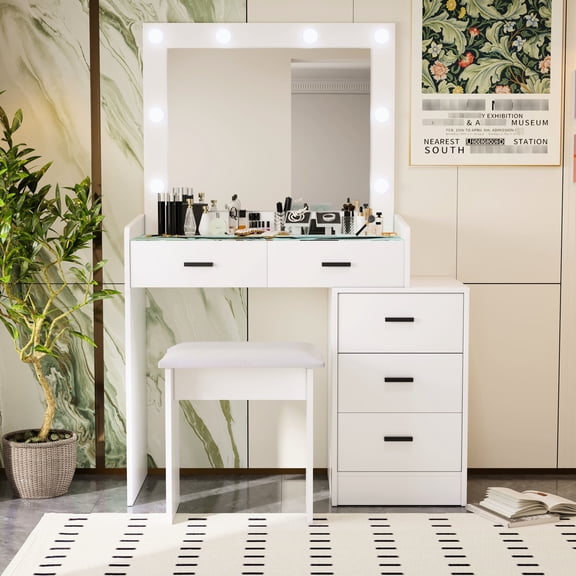 White particle board + MDF dressing table with hidden storage / Bedroom furniture for tidy makeup items