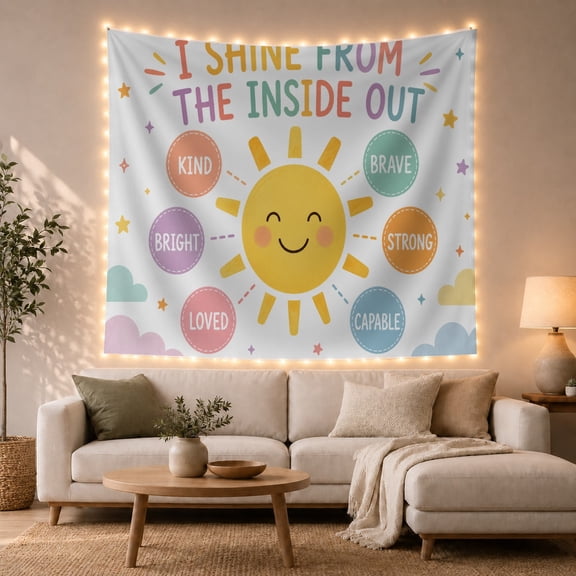 White pastel affirmation chart with a smiling yellow sun, Playful affirmation Style for children, families, and educators, Thoughtful Gift for bedroom, classroom, playroom, Tapestry Wall Hanging