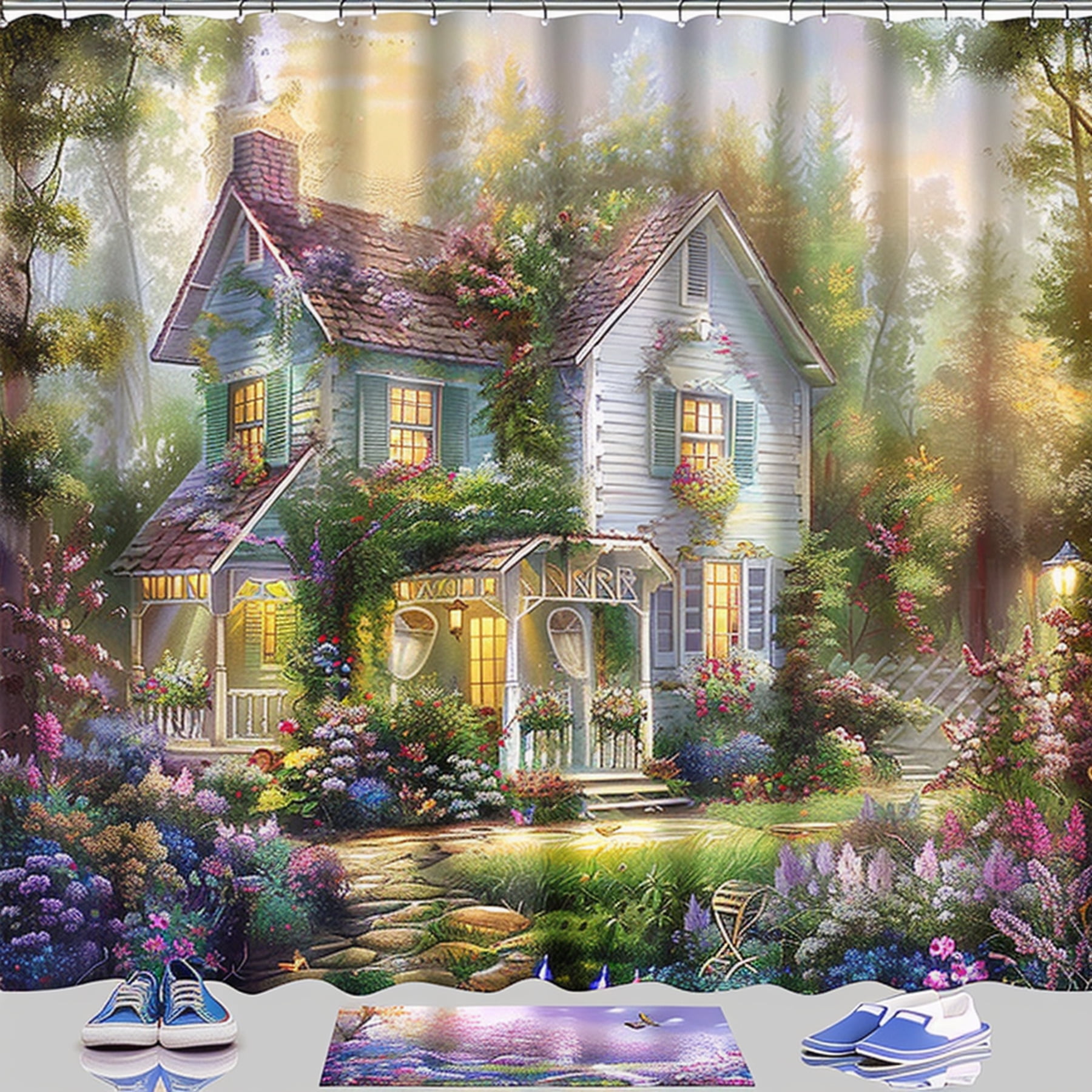 White peacock cottage style bathroom curtain set with a purple theme