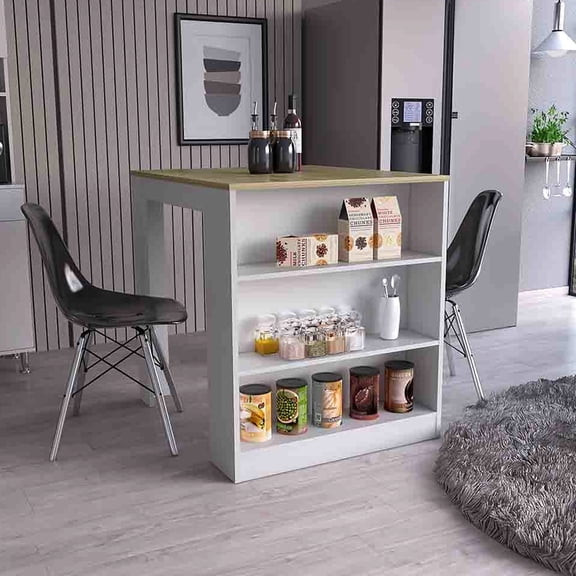 White/pine Kitchen Island Table With Two Legs And Three Shelf Levels For Storage Modern Legs, Shelves In