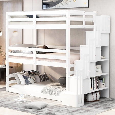 White pine wood triple bunk bed / 3 - in - 1 design and sturdy staircase