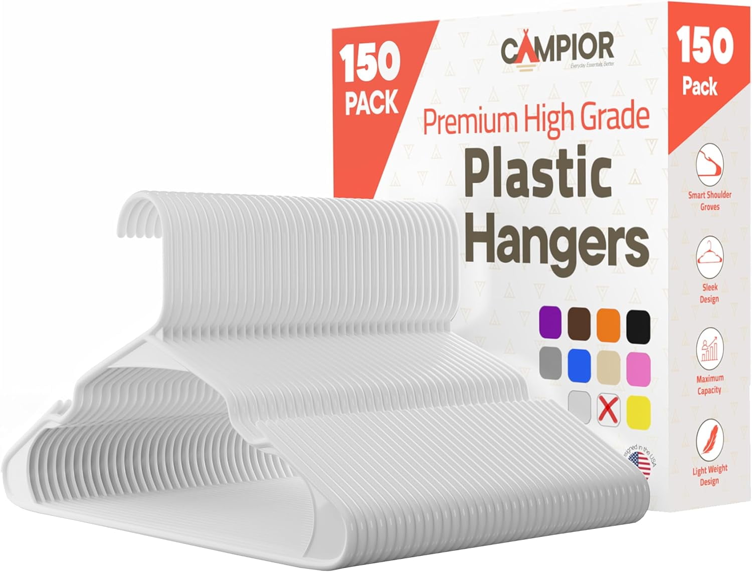 White plastic hangers 150 Pack– Heavy-Duty Plastic Hangers Slim and Space-Saving Hangers, Durable & Lightweight PP Hangers with Non-Slip Shoulder Notches for Slip Dresses, Suits, Jackets & Camisoles
