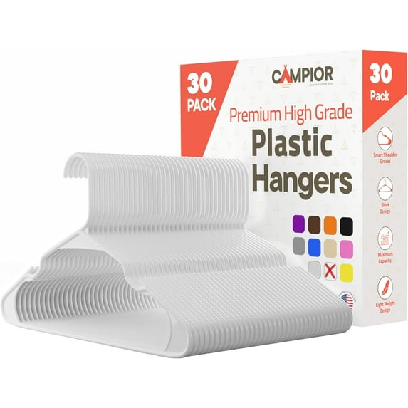 White plastic hangers 30 Pack– Heavy-Duty Plastic Hangers Slim and Space-Saving Hangers, Durable & Lightweight PP Hangers with Non-Slip Shoulder Notches for Slip Dresses, Suits, Jackets & Camisoles
