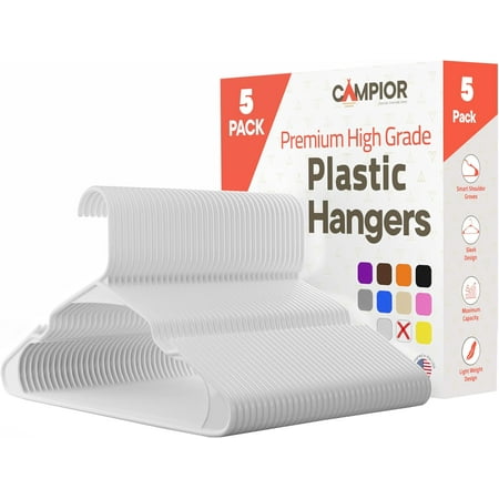 White plastic hangers 5 Pack– Heavy-Duty Plastic Hangers Slim and Space-Saving Hangers, Durable & Lightweight PP Hangers with Non-Slip Shoulder Notches for Slip Dresses, Suits, Jackets & Camisoles