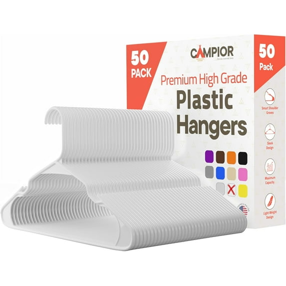 White plastic hangers 50 Pack– Heavy-Duty Plastic Hangers Slim and Space-Saving Hangers, Durable & Lightweight PP Hangers with Non-Slip Shoulder Notches for Slip Dresses, Suits, Jackets & Camisoles