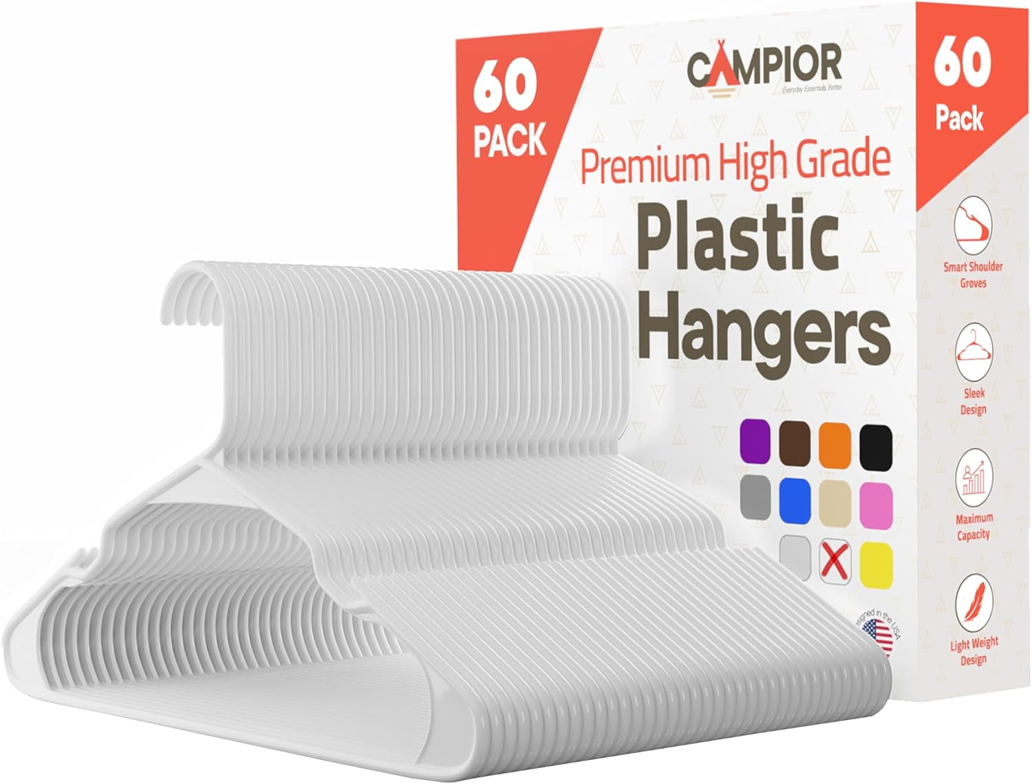 White plastic hangers 60 Pack– Heavy-Duty Plastic Hangers Slim and Space-Saving Hangers, Durable & Lightweight PP Hangers with Non-Slip Shoulder Notches for Slip Dresses, Suits, Jackets & Camisoles