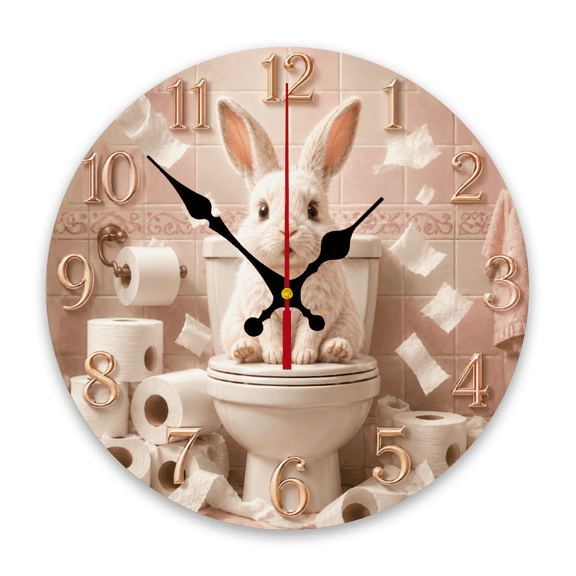 White rabbit and toilet paper rolls Design 10 inch Round Wooden Wall Clock, Silent, Great for Study Room, Bathroom, Balcony, Indoor Decor, Halloween, Thanksgiving, Wooden Frame Battery Powere