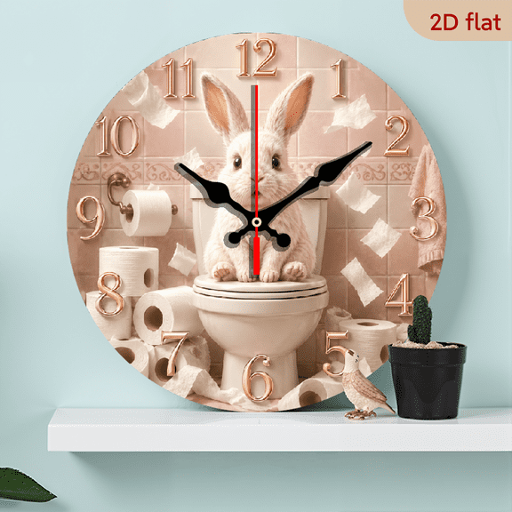 White rabbit and toilet paper rolls Design 10 inch Round Wooden Wall Clock, Silent, Great for Study Room, Bathroom, Balcony, Indoor Decor, Halloween, Thanksgiving, Wooden Frame Battery Powere