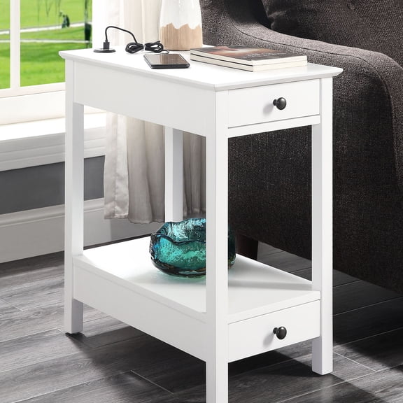 White rectangular storage table with USB for primary living space use