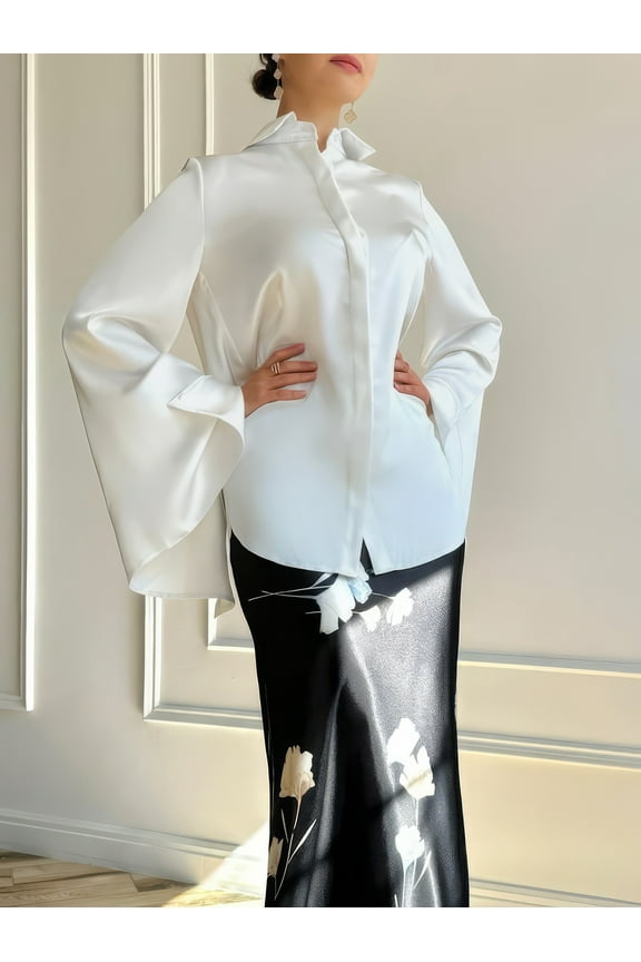 Stylish White Satin 1pc Blouse Featuring Flare Sleeves And Button-Up Closure, Versatile Women's Top For Effortless Spring And Summer Style