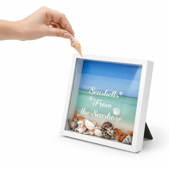 White-seashell 10x10 Wood Shadow Box with Real Glass for Displaying Seashells and Photos