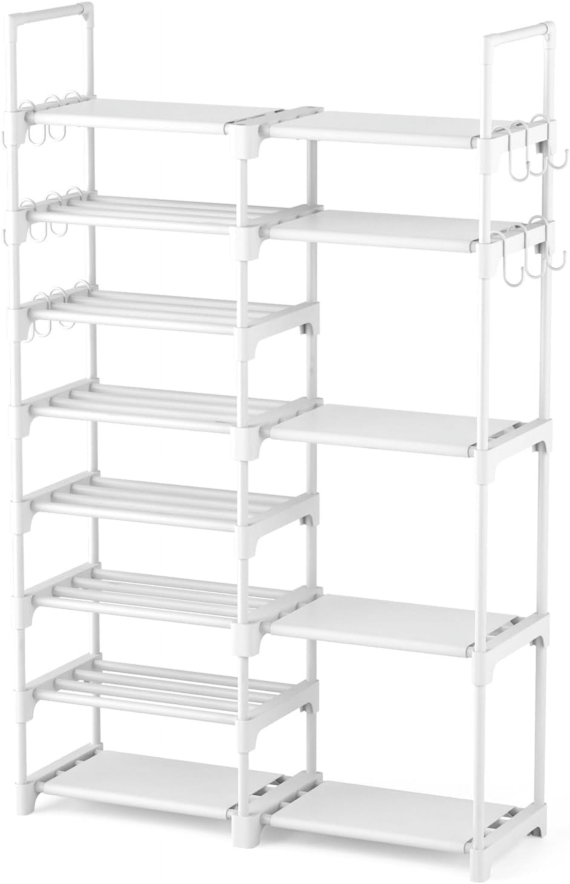 Shoe Rack Organizer, 8-Tier Metal Shoe Rack for Closet Entryway Garage, 26-32 Pairs Tall Shoe Boot Storage Shelf with 15 Hooks, Stackable Large Shoe Stand