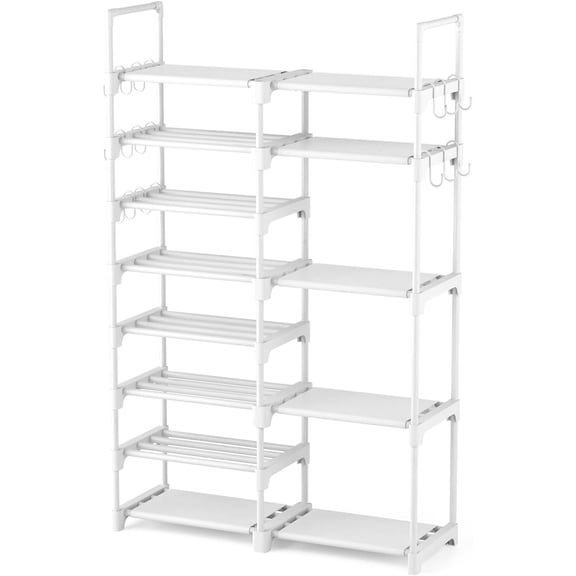 Shoe Rack Organizer, 8-Tier Metal Shoe Rack for Closet Entryway Garage, 26-32 Pairs Tall Shoe Boot Storage Shelf with 15 Hooks, Stackable Large Shoe Stand