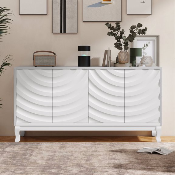 White sideboard with wavy pattern doors and easy assembly for study and living room