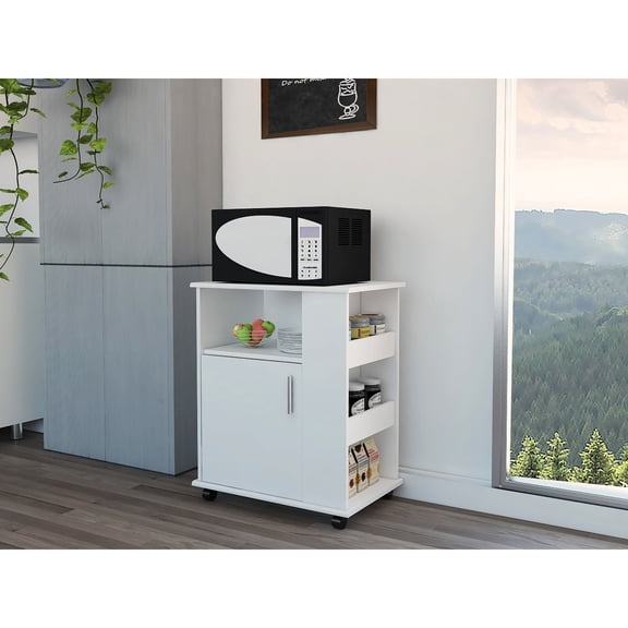 White single door lower microwave cabinet with three side shelves for kitchen corner storage 15.70 in height 23.60 in width 15.70 in depth