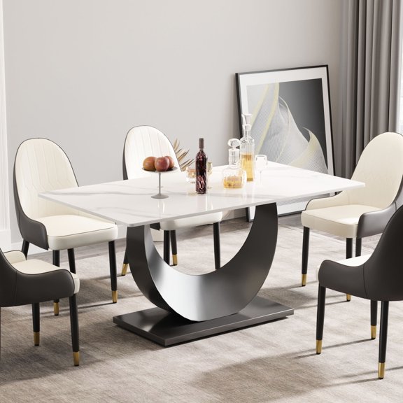 63-inch white table with sintered stone top, crescent base design - Seats 6 - 8, anti-scratch, fireproof for family dinner
