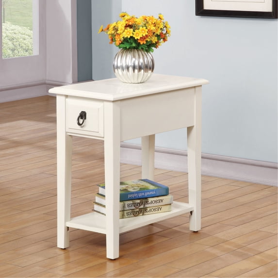 White solid - wood rectangular accent table with drawer and shelf, offering storage for keys and remotes in living areas, convenient to transport and store