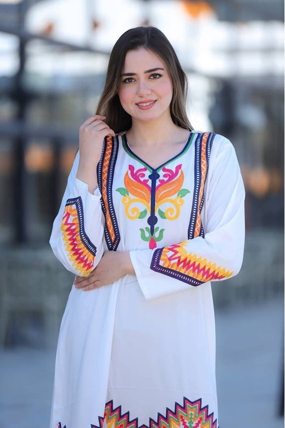 White summer Kaftan, bohemian multicolor embroidery dress, Egyptian cotton Materials: Egyptian cotton, Size: L, Color: White