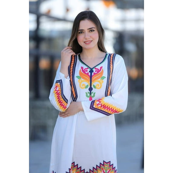 White summer Kaftan, bohemian multicolor embroidery dress, Egyptian cotton Materials: Egyptian cotton, Size: M, Color: White