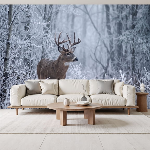 White tailed Deer Frosty Winter Forest Landscape Peel and Stick Wall Murals 69"H x 96"W Removable PVC Wallpaper Self-Adhesive Wall Paintings for Bedroom Living Room