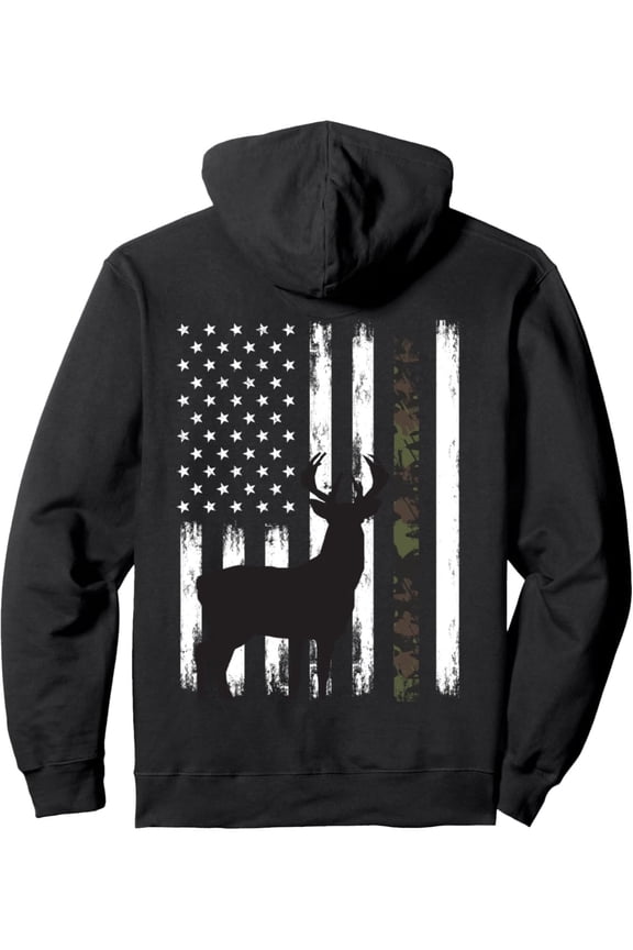 White-tailed Deer Hunting Hunter Gift Stag Camouflage American Flag Pullover - Back Print - Fashionable Cut with Front Pocket, Warm and Comfortable for Daily Wear