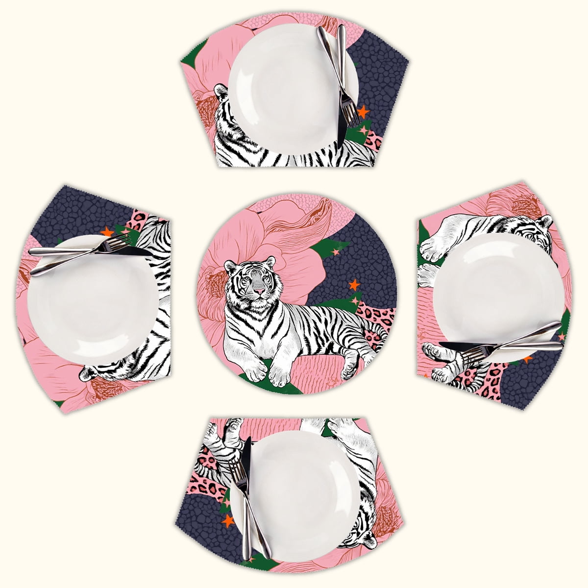 White tiger pink floral Round Table Placemats Set Of 5 Wedge Table Mats ...