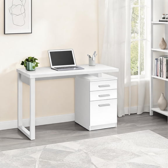 White-toned Particle Board Modern Computer Desk, Reversible Drawer Setup, 47-Inch Work Surface for Home Office