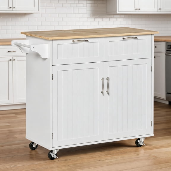 White-toned Rubberwood 41-Inch Rolling Kitchen Island with Drawers and Towel Rack, Modern