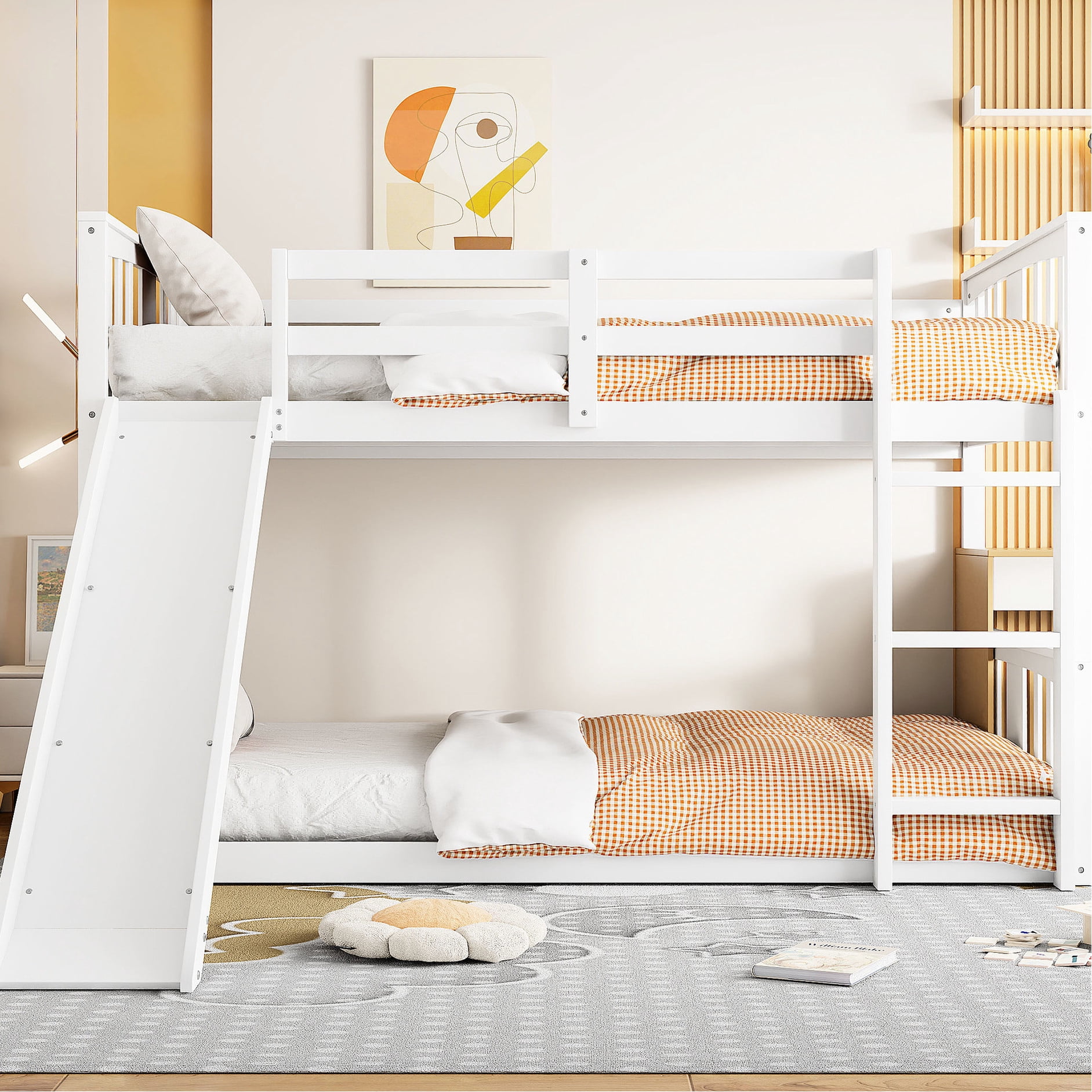 White twin over twin bunk bed with slide and ladder for bedrooms with ...