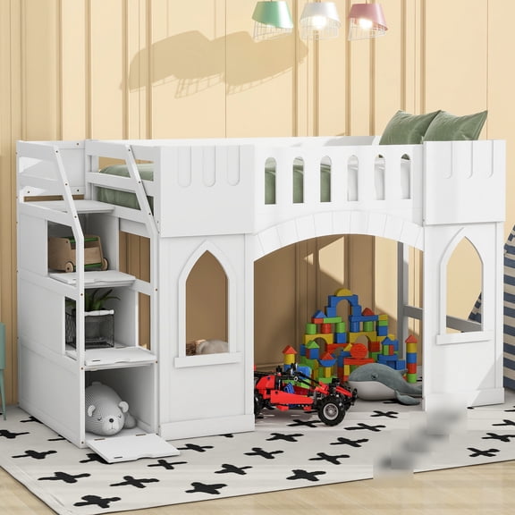 White twin size, multi - functional bed / Storage staircase for rest and entertainment in bedroom