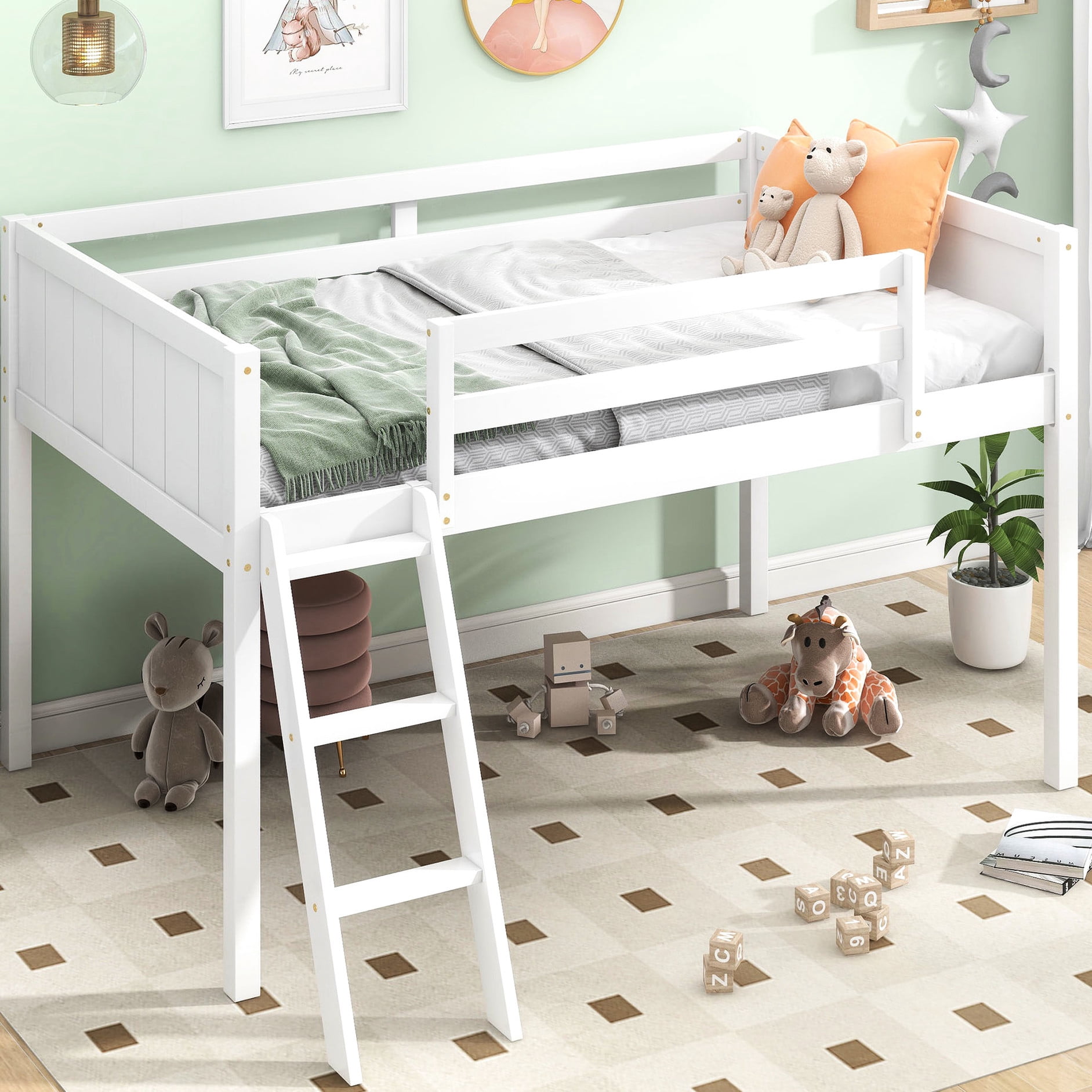 White twin wood low loft bed with changeable ladder in bedroom ladder ...
