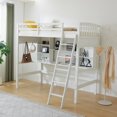White twin wooden loft bed with inclined ladder shelf and desk N101