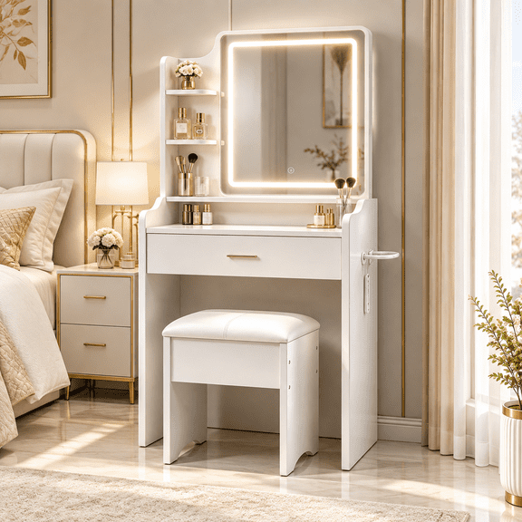 MANGOBUS White Vanity Table Set, LED Lighted Mirror with Stool, Modern Makeup Desk with Storage Drawers for Bedroom & Dorm