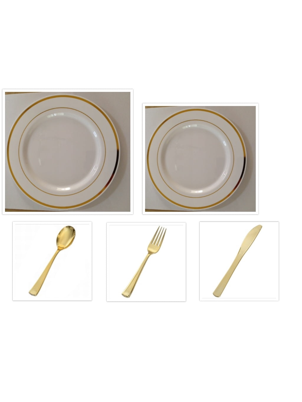 White w/Gold Band China-Like Plastic 10" Dinner Plates + 7" Salad Plates + Cutlery *Party for 40*