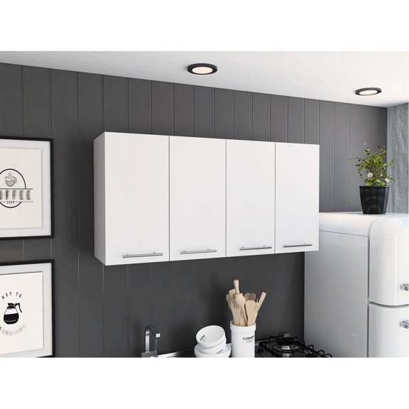 White, wall-mounted, particle board - Four doors, two interior shelves - Kitchen area - Compact storage solution