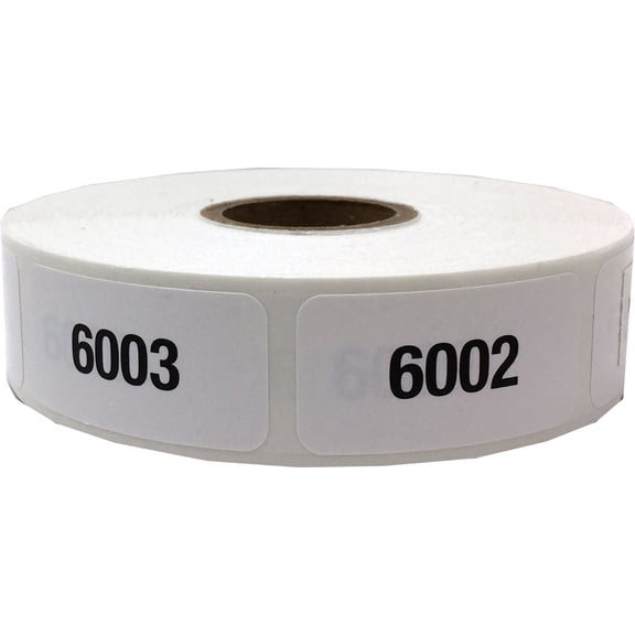 White with Black 6001 - 7000 Consecutive Number Stickers, 3/4 Inch x 1 1/2 Inch Wide, 1 Label per Number, 1000 Total Labels