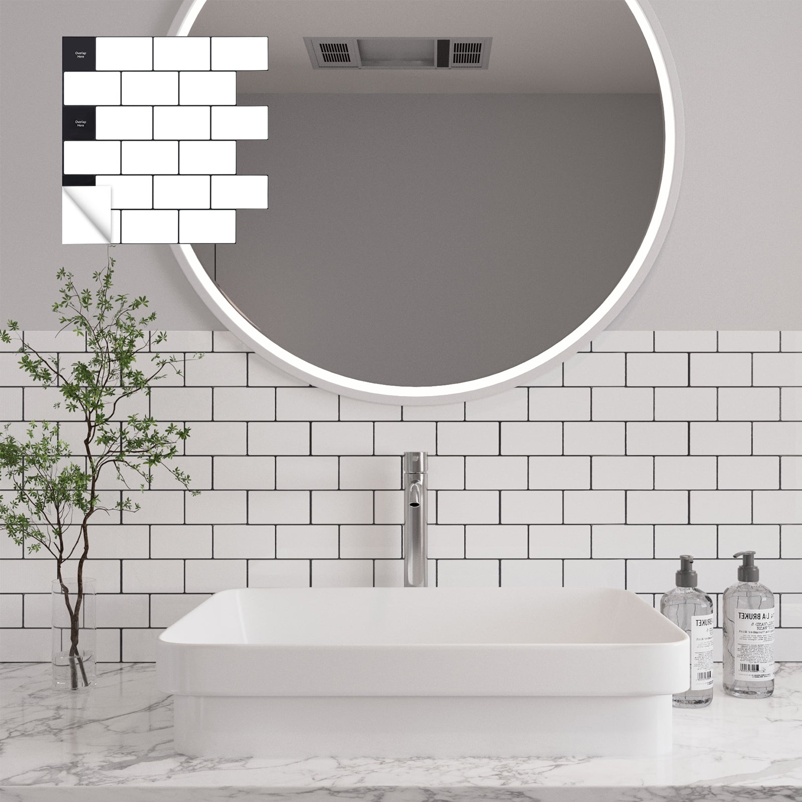White with Black Grout Kitchen Backsplash Tiles Peel and Stick 10-Sheet