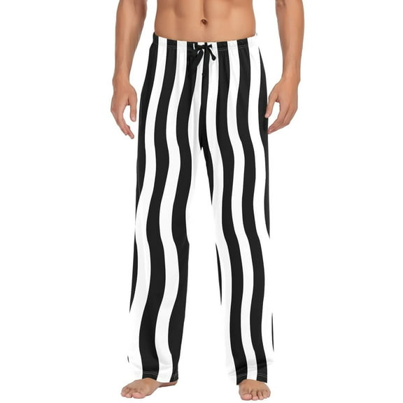White with Black Line Stripe Men's Pajama Pants Cotton Long Sleepwear Lounge Pants L