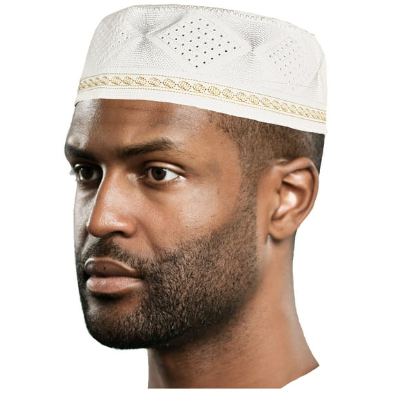 White with Gold Kofia Hat African Embroidered Kufi Cap